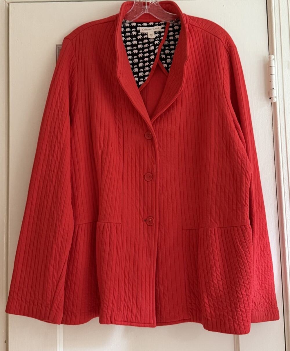 Coldwater Creek Jacket 22 Red Quilted Cotton Peplum Blazer Elephant Lining